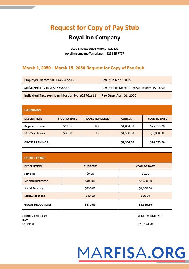 Printable Royal Inn company pay stubs sample
